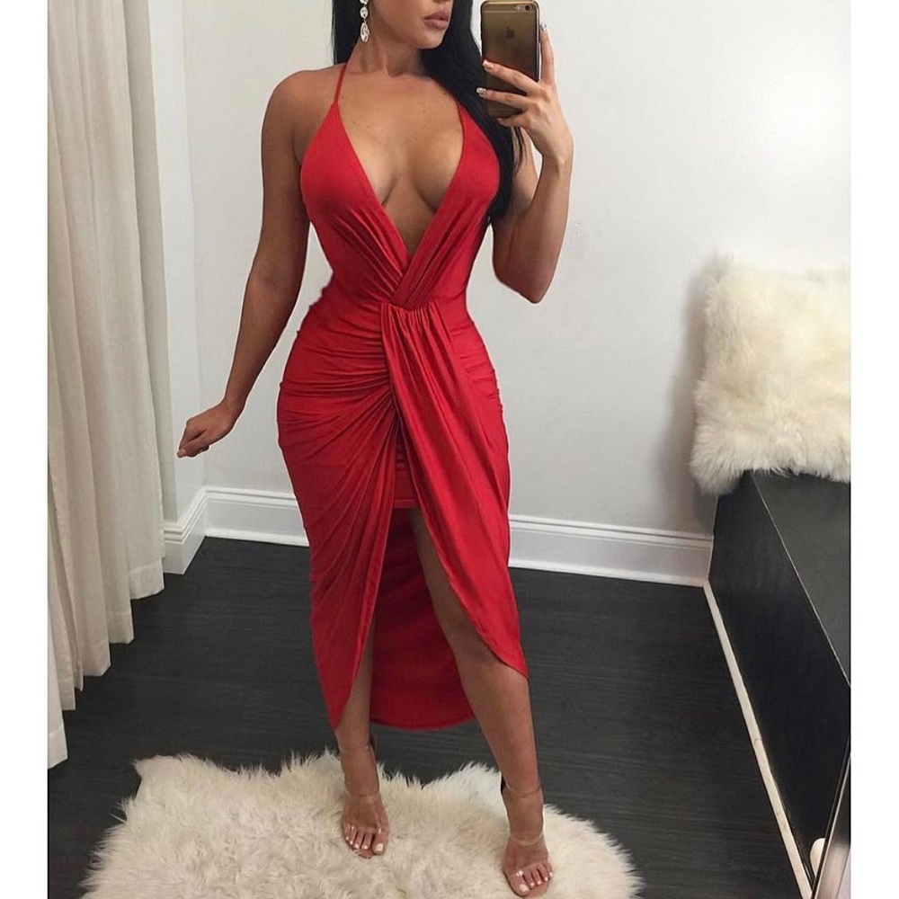 Red Ruched Mid Maxi Dress